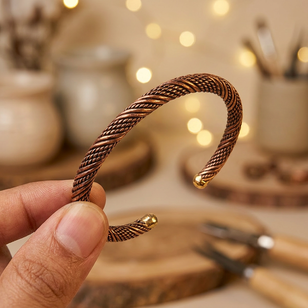 Siwa Man Antique Copper Cuff Bangle for Men – Handcrafted Braided Open Bracelet
